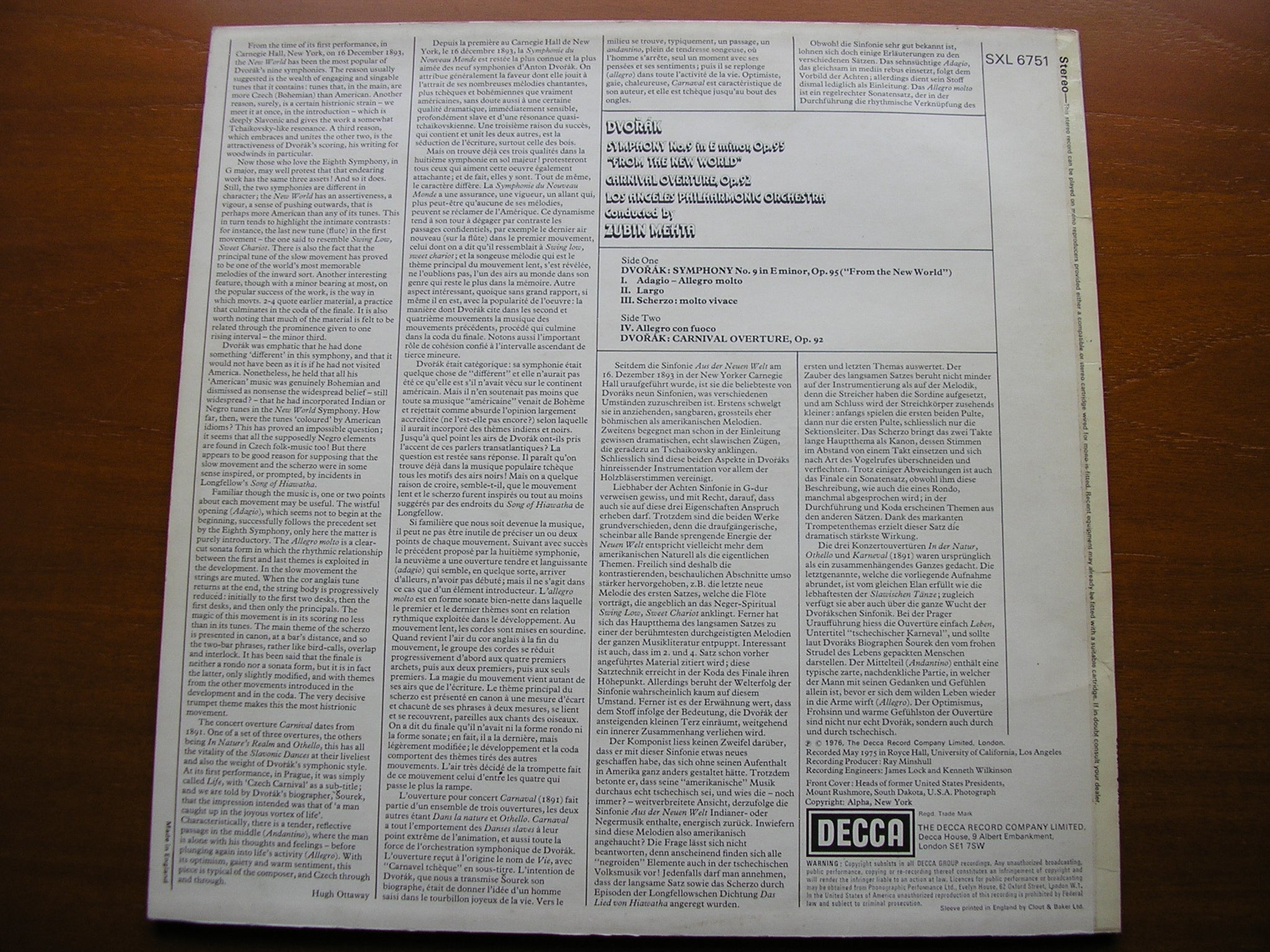 DVORAK: SYMPHONY No. 9 / CARNAVAL OVERTURE     MEHTA / LAPO     SXL 6751