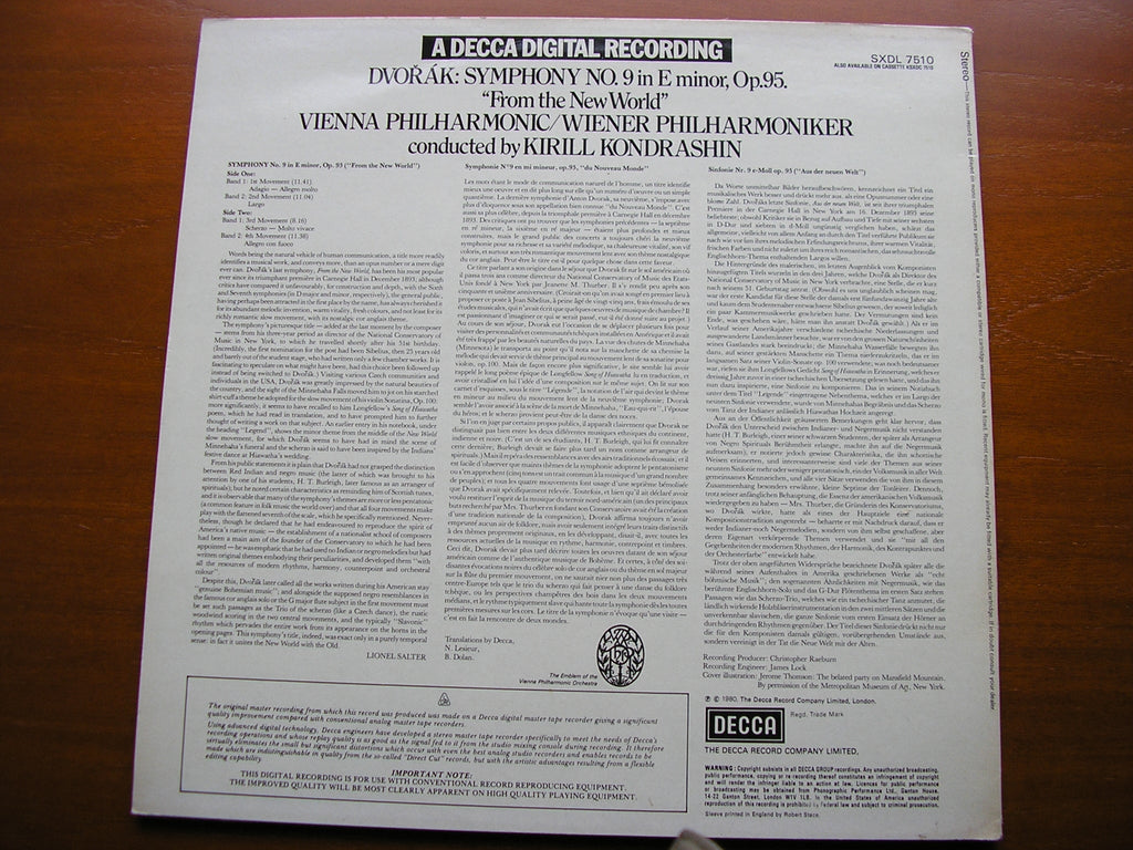 DVORAK: SYMPHONY No. 9   KONDRASHIN / VIENNA PHILHARMONIC   SXDL 7510