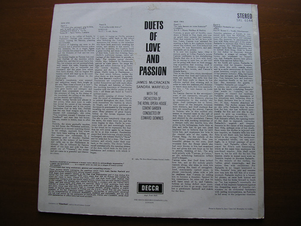 SXL 6144 DUETS OF LOVE & PASSION: BIZET / VERDI / SAINT - SAENS JAMES McCRACKEN / SANDRA WARFIELD / OROHCG / DOWNES