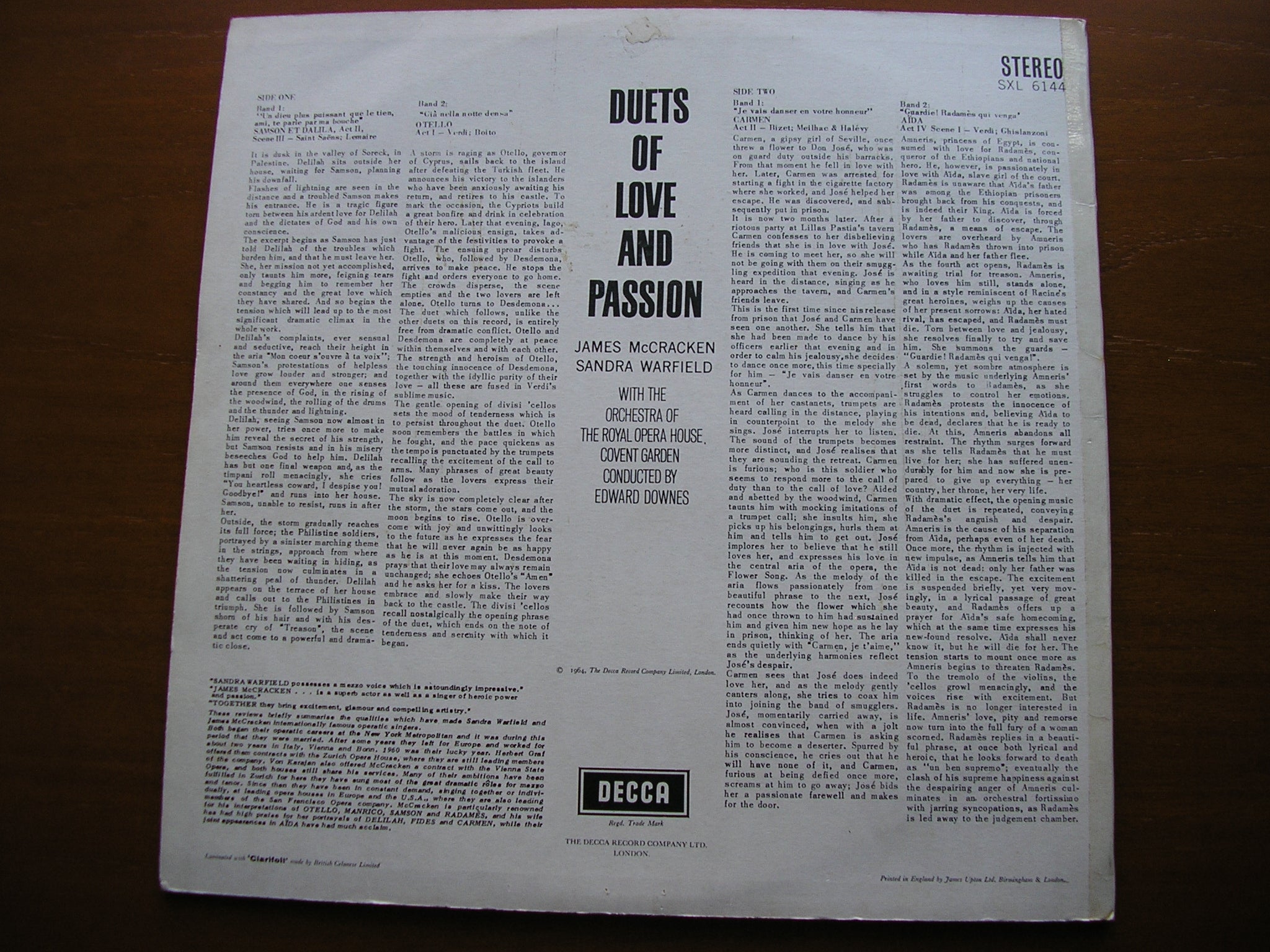 SXL 6144 DUETS OF LOVE & PASSION: BIZET / VERDI / SAINT - SAENS JAMES McCRACKEN / SANDRA WARFIELD / OROHCG / DOWNES