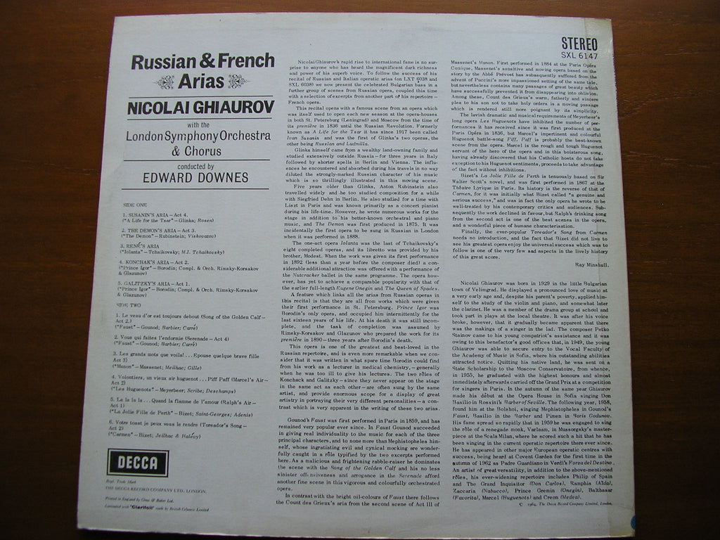 SXL 6147 RUSSIAN & FRENCH ARIAS: GLINKA / TCHAIKOVSKY / BORODIN / VERDI / BIZET / GOUNOD / MASSENET GHIAUROV / LONDON SYMPHONY / DOWNES