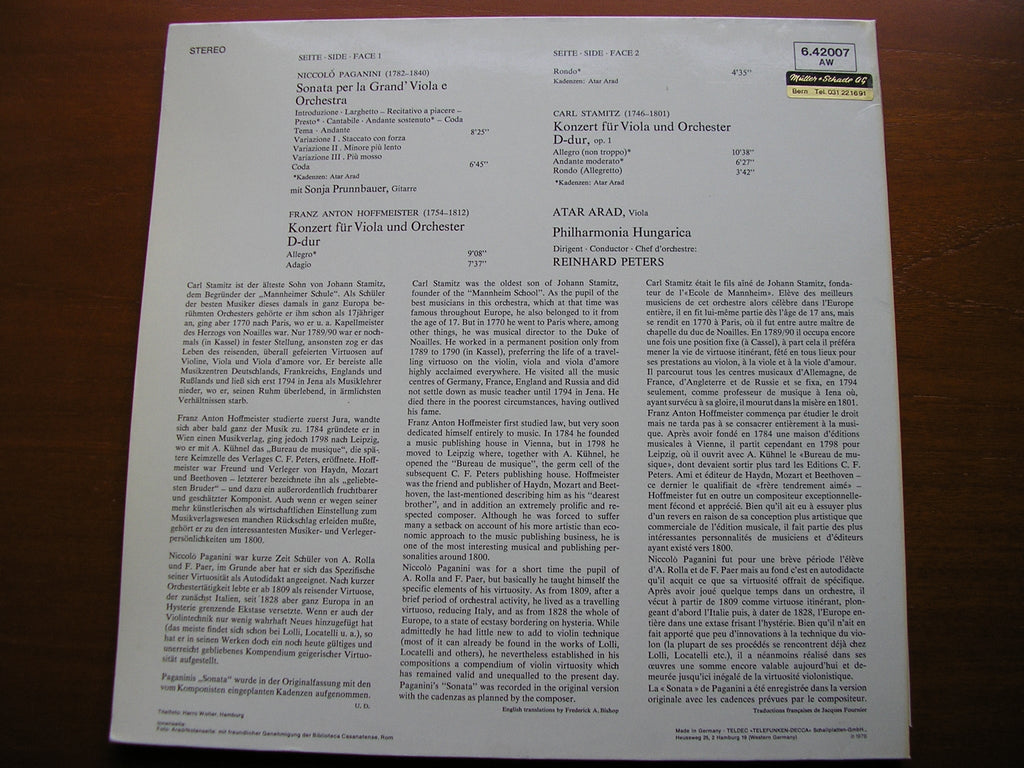 PAGANINI / STAMITZ / HOFFMEISTER: VIOLA CONCERTOS   ARAD / PHILHARMONIA HUNGARICA / PETERS   6.42007