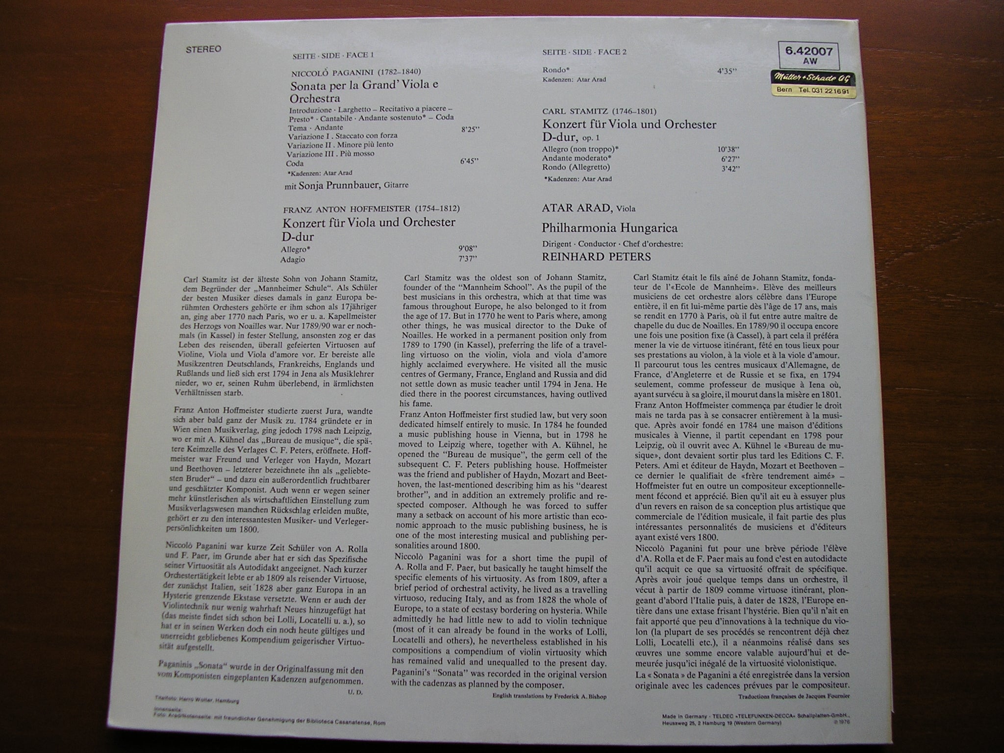 PAGANINI / STAMITZ / HOFFMEISTER: VIOLA CONCERTOS   ARAD / PHILHARMONIA HUNGARICA / PETERS   6.42007