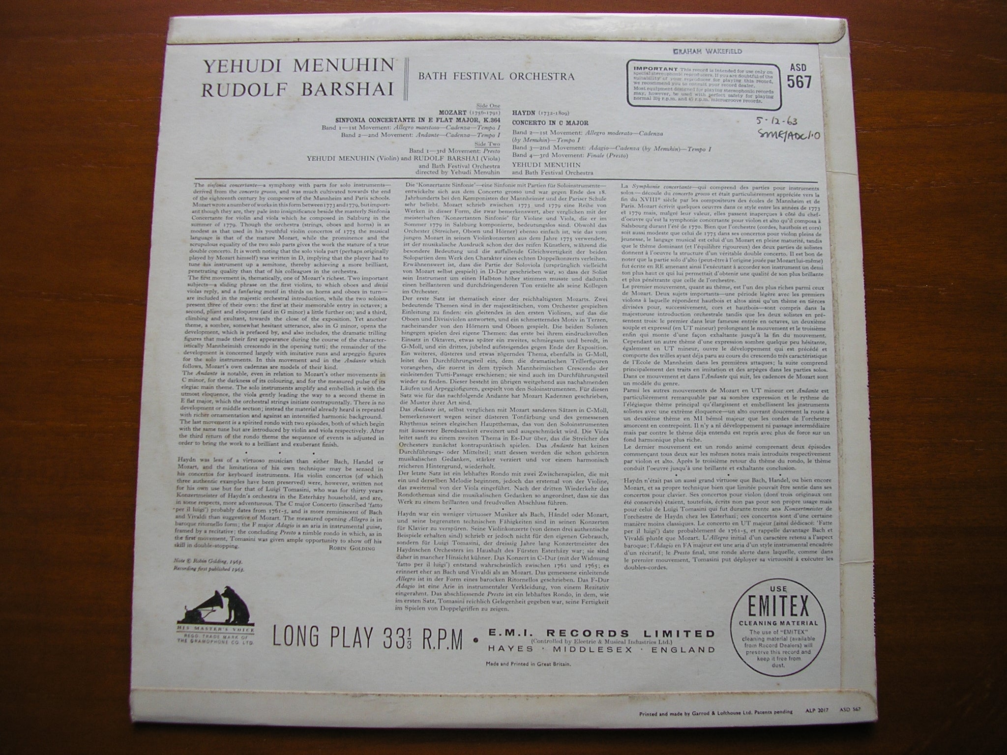 MOZART: SINFONIA CONCERTANTE K364 / HAYDN: VIOLIN CONCERTO in C   MENUHIN / BARSHAI / BATH FESTIVAL ORCHESTRA / MENUHIN     ASD 567