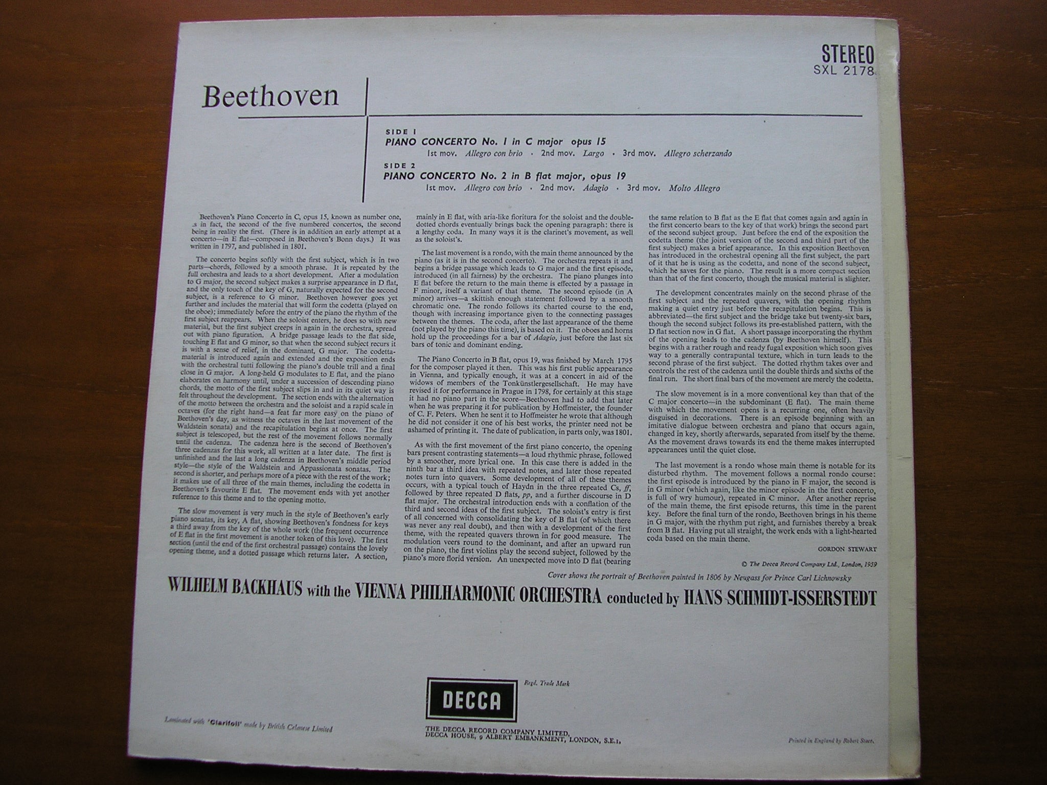 SXL 2178 BEETHOVEN: PIANO CONCERTOS Nos. 1 & 2 BACKHAUS / VIENNA PHILHARMONIC / SCHMIDT-ISSERSTEDT