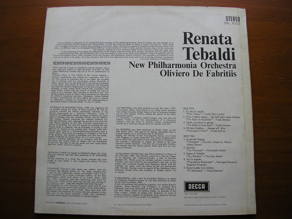 SXL 6152 RENATA TEBALDI SINGS OPERA ARIAS: VERDI / PUCCINI / MASCAGNI / CILEA / PONCHIELLI TEBALDI / NEW PHILHARMONIA / DE FABRITIIS