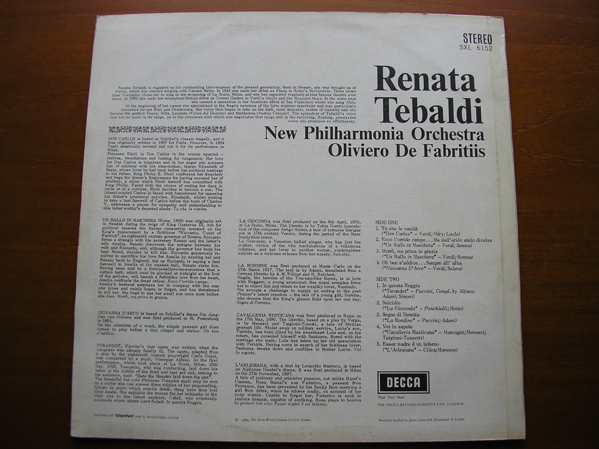 SXL 6152 RENATA TEBALDI SINGS OPERA ARIAS: VERDI / PUCCINI / MASCAGNI / CILEA / PONCHIELLI TEBALDI / NEW PHILHARMONIA / DE FABRITIIS