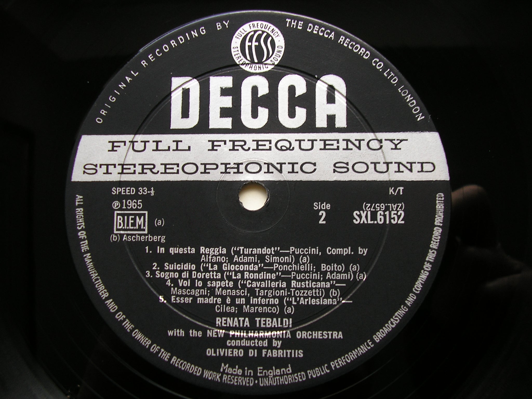 SXL 6152 RENATA TEBALDI SINGS OPERA ARIAS: VERDI / PUCCINI / MASCAGNI / CILEA / PONCHIELLI TEBALDI / NEW PHILHARMONIA / DE FABRITIIS