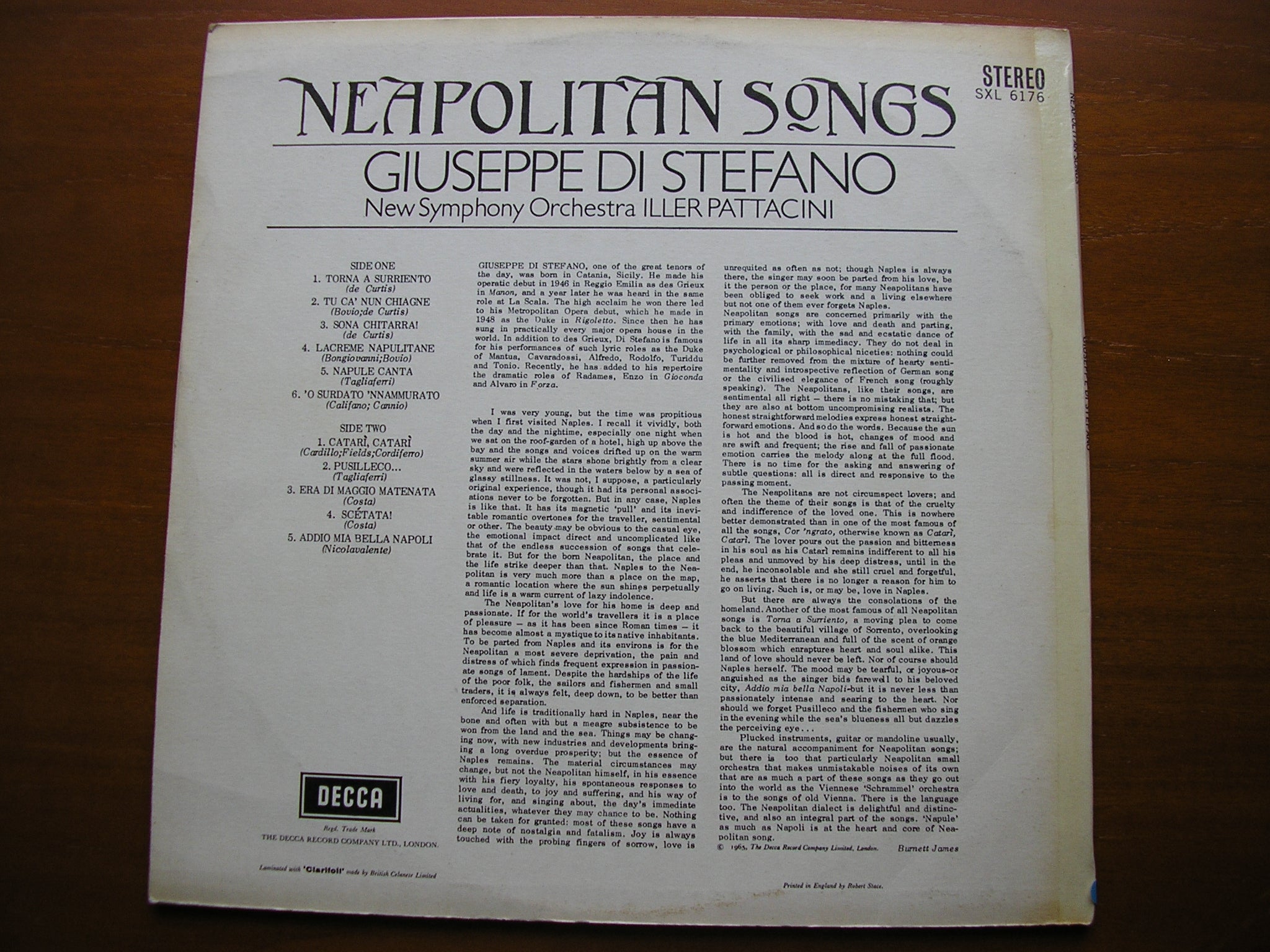 SXL 6176 DI STEFANO SINGS NEAPOLITAN SONGS NEW SYMPHONY ORCHESTRA / PATTACINI