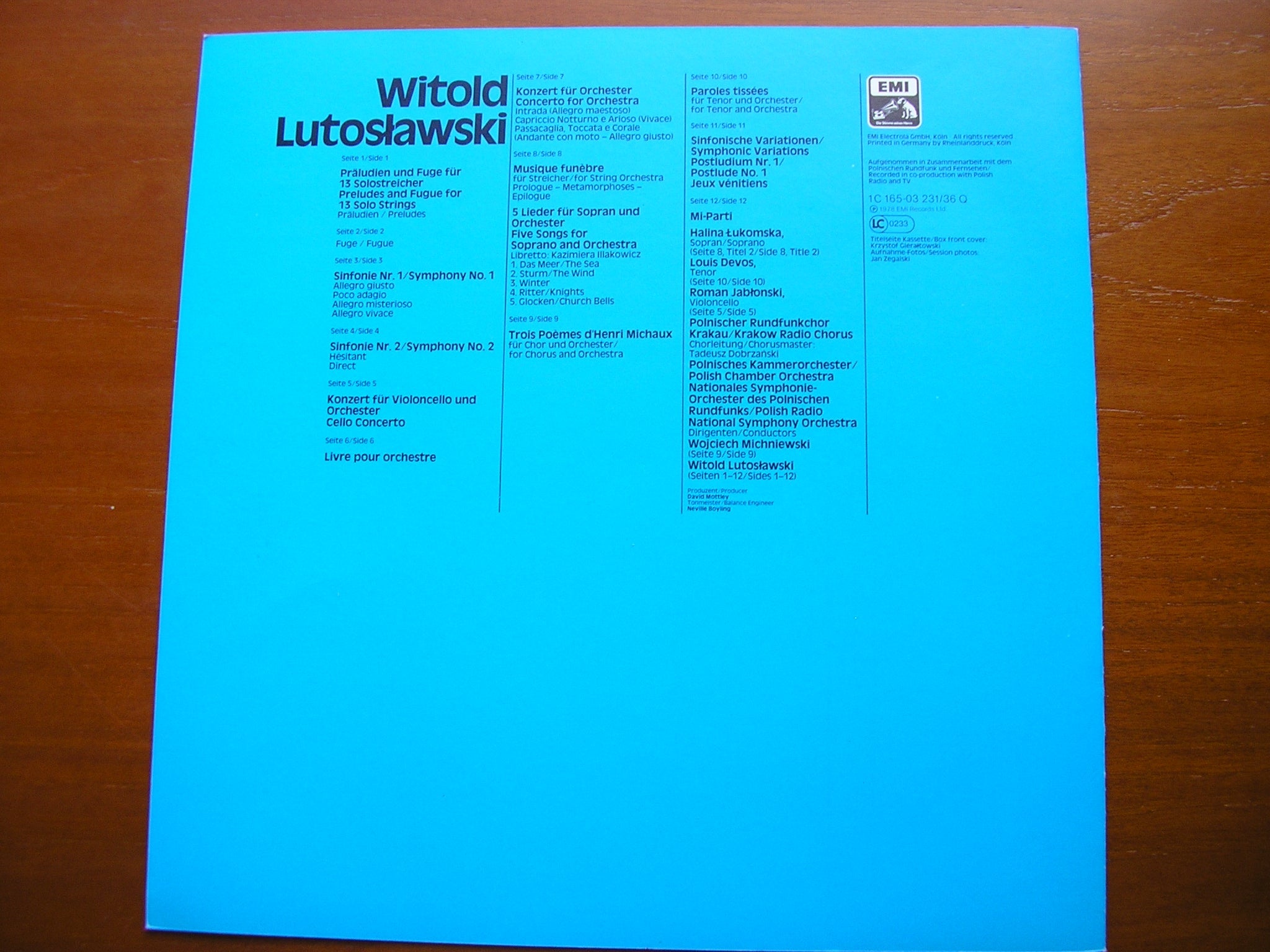 LUTOSLAWSKI: ORCHESTRAL WORKS   POLISH RADIO SYMPHONY / POLISH CHAMBER ORCHESTRA / WITOLD LUTOSLAWSKI   1C 165 03231/6