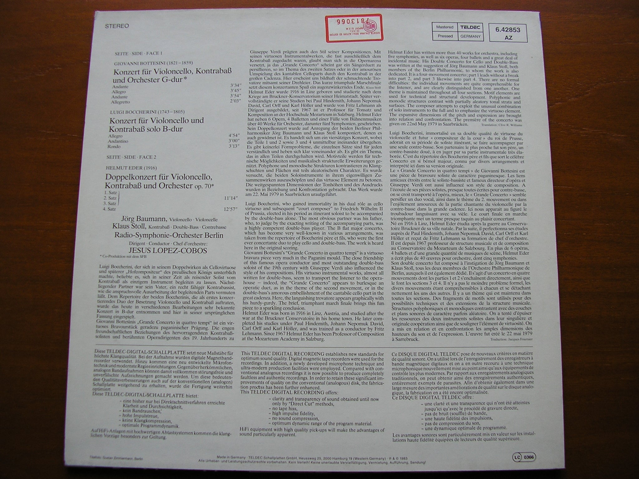 BOCCHERINI / BOTTESINI / EDER: DOUBLE CONCERTOS   BAUMANN / STOLL / BERLIN RADIO SYMPHONY  LOPEZ-COBOS  6.42853