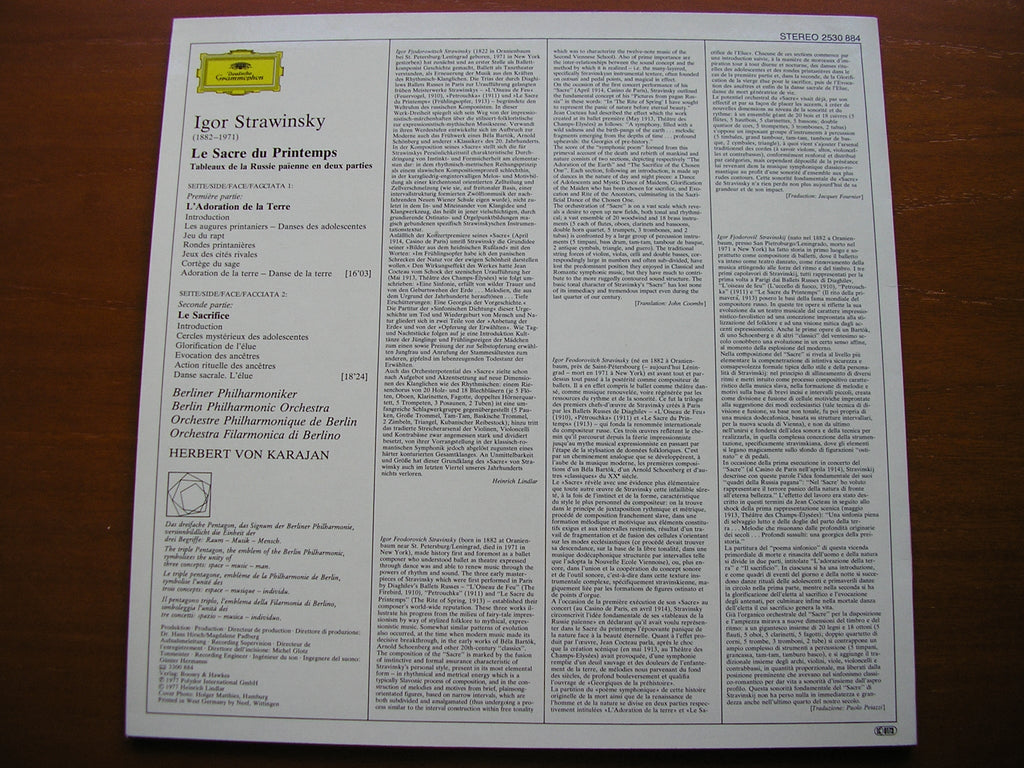 STRAVINSKY: THE RITE OF SPRING    KARAJAN / BERLIN PHILHARMONIC   2530 884