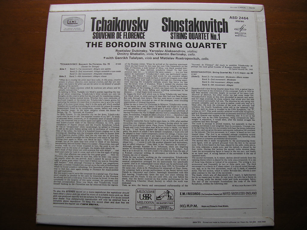 TCHAIKOVSKY: SOUVENIR DE FLORENCE / SHOSTAKOVICH: STRING QUARTET No. 1  THE BORODIN QUARTET / ROSTROPOVICH   ASD 2464
