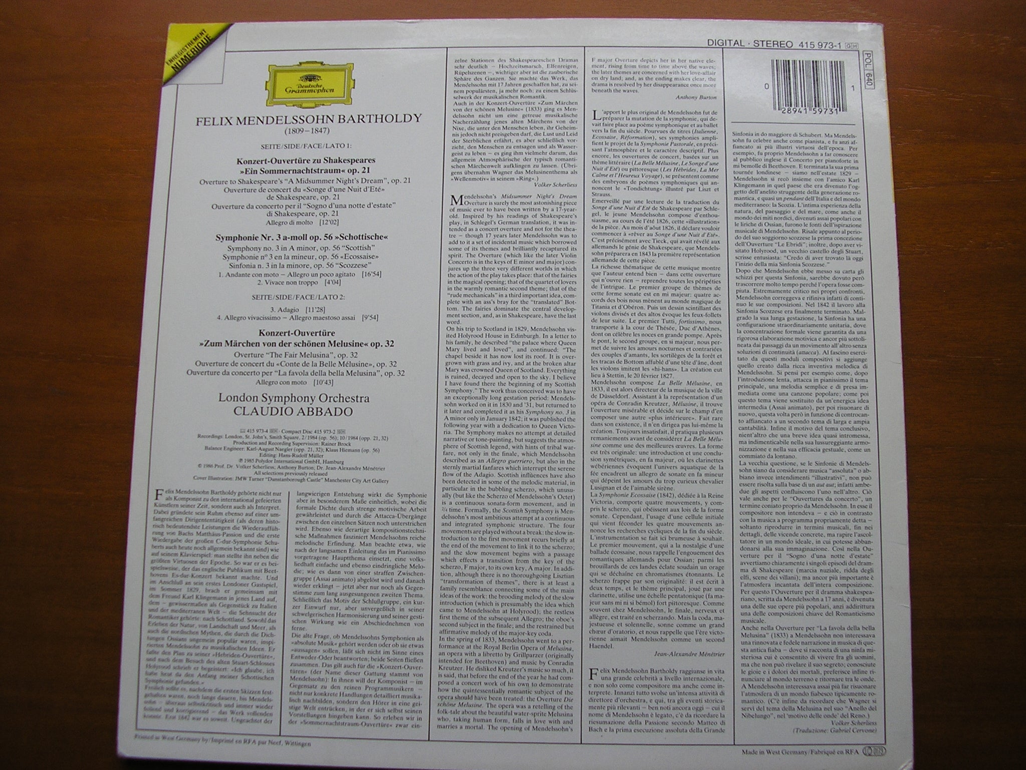 MENDELSSOHN: SYMPHONY No. 3 'Scottish' / TWO OVERTURES     ABBADO / LONDON SYMPHONY   415 973
