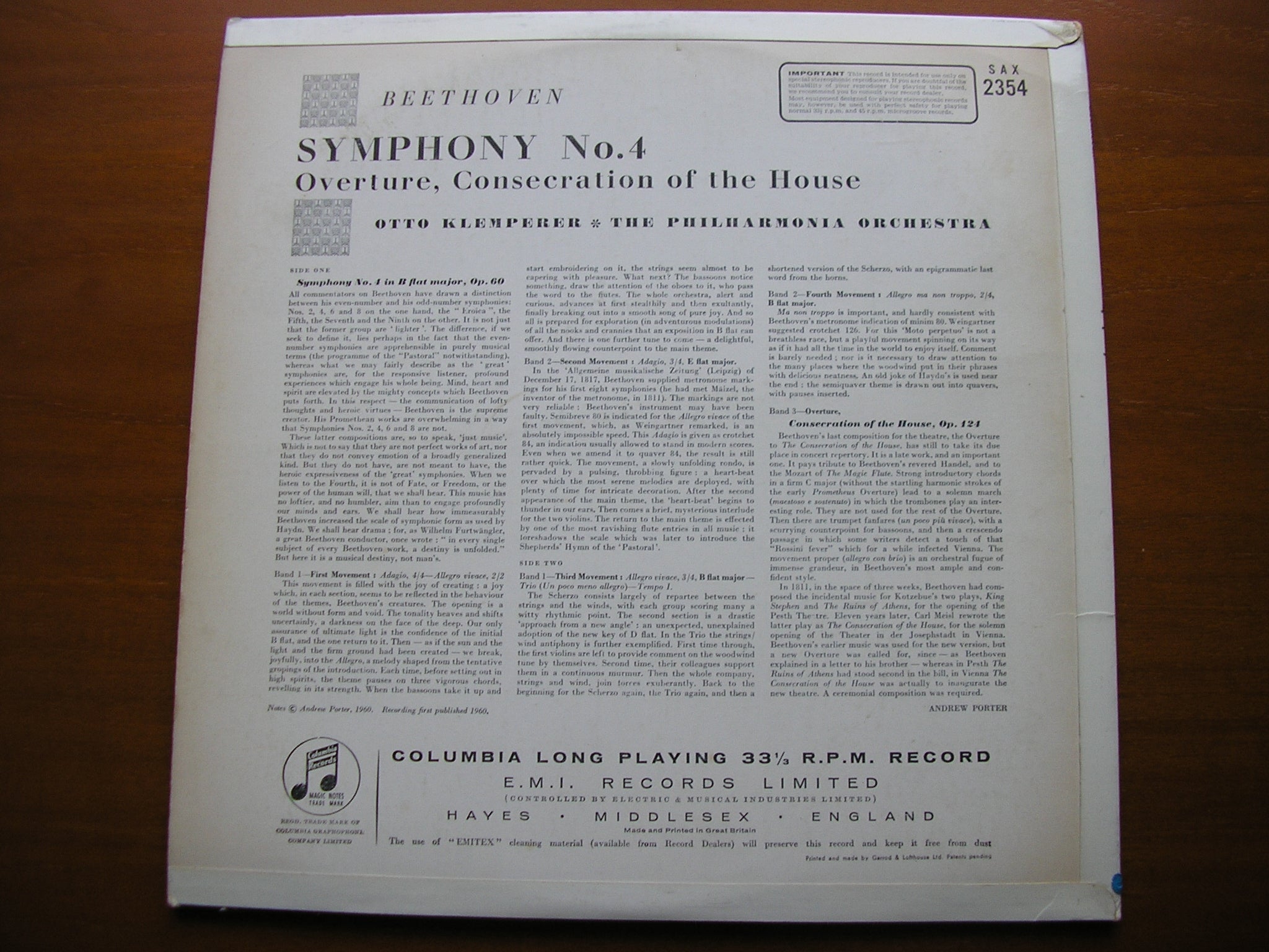 SAX 2354  BEETHOVEN: SYMPHONY No. 4 / OVERTURE Consecration of the House   OTTO KLEMPERER / PHILHARMONIA