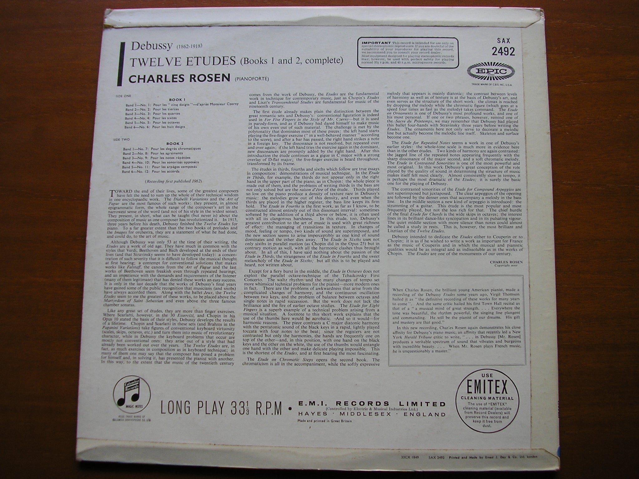 DEBUSSY: TWELVE ETUDES Books 1 & 2     CHARLES ROSEN      SAX 2492