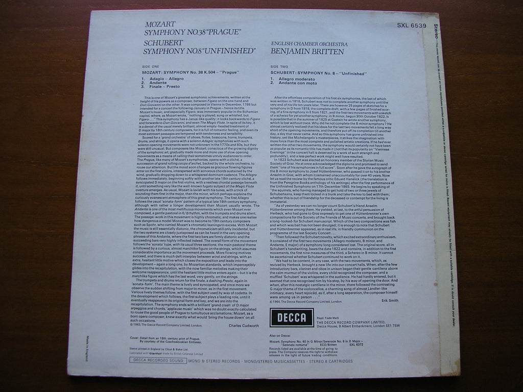 SXL 6539 MOZART: SYMPHONY No. 38 'Prague' / SCHUBERT: 'Unfinished' BRITTEN / ENGLISH CHAMBER ORCHESTRA