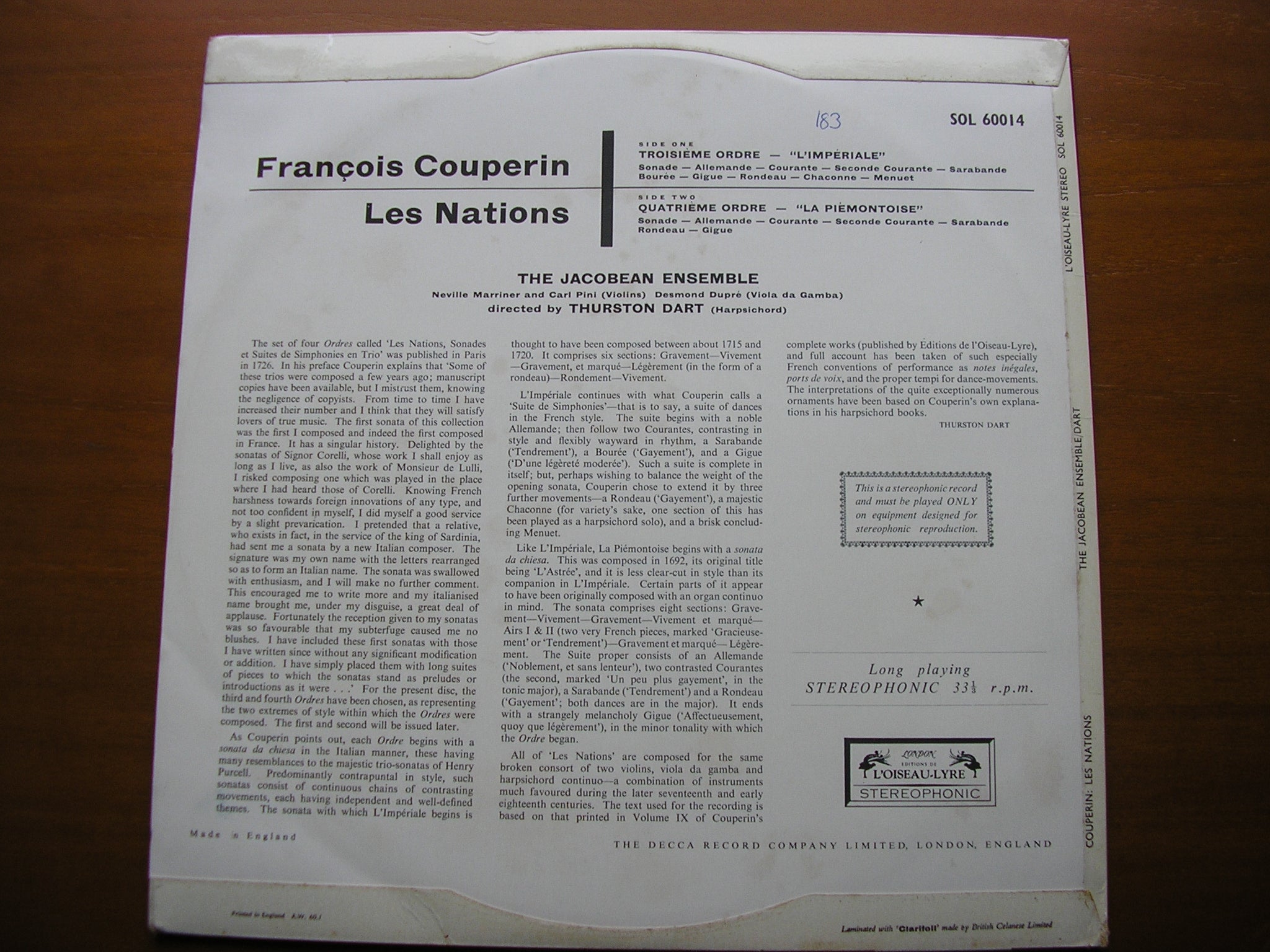 COUPERIN: LES NATIONS    THE JACOBEAN ENSEMBLE / THURSTON DART    SOL 60014