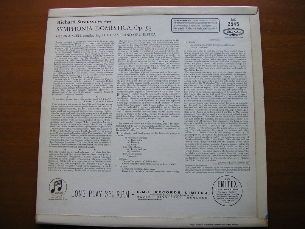 STRAUSS: SINFONIA DOMESTICA     GEORGE SZELL / CLEVELAND ORCHESTRA     SAX 2545