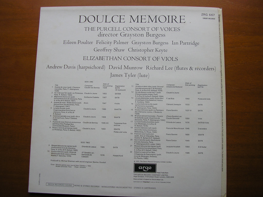 DOULCE MEMOIRE: FRENCH CHANSONS OF THE 16th CENTURY PURCELL CONSORT / GRAYSTON BURGESS ZRG 667