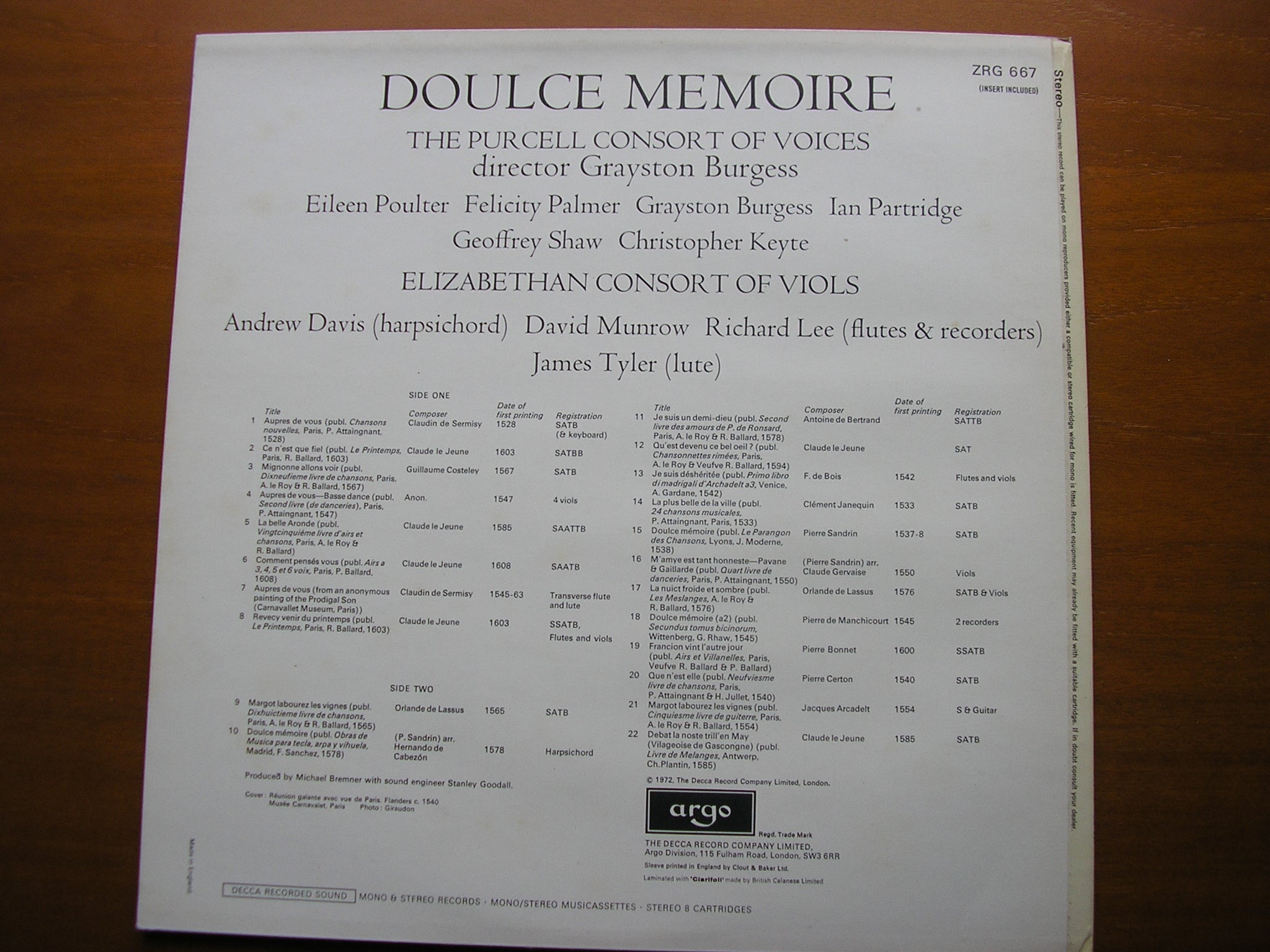 DOULCE MEMOIRE: FRENCH CHANSONS OF THE 16th CENTURY PURCELL CONSORT / GRAYSTON BURGESS ZRG 667