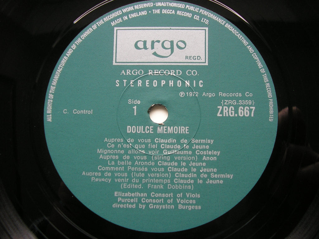 DOULCE MEMOIRE: FRENCH CHANSONS OF THE 16th CENTURY PURCELL CONSORT / GRAYSTON BURGESS ZRG 667