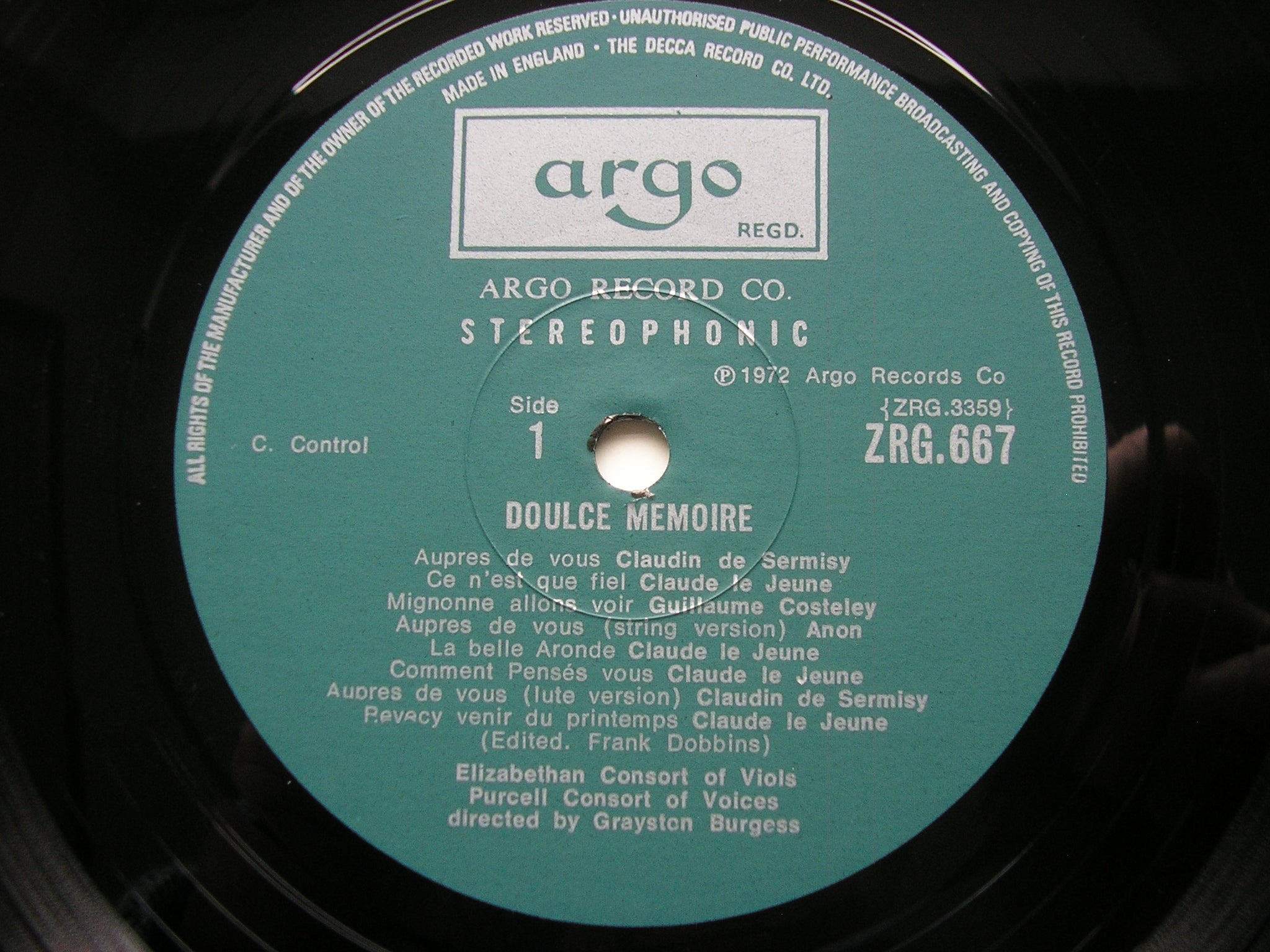 DOULCE MEMOIRE: FRENCH CHANSONS OF THE 16th CENTURY PURCELL CONSORT / GRAYSTON BURGESS ZRG 667