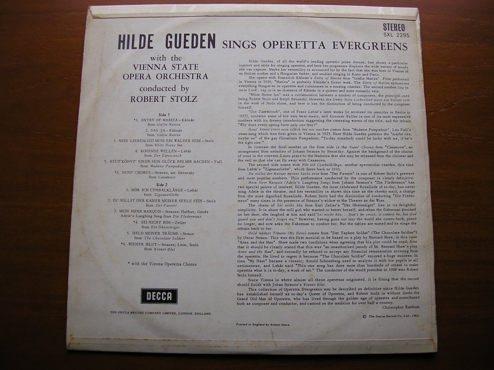 SXL 2295 OPERETTA EVERGREENS: LEHAR / STRAUSS / FALL / STOLZ / ZELLER HILDE GUEDEN / VSOO / STOLZ