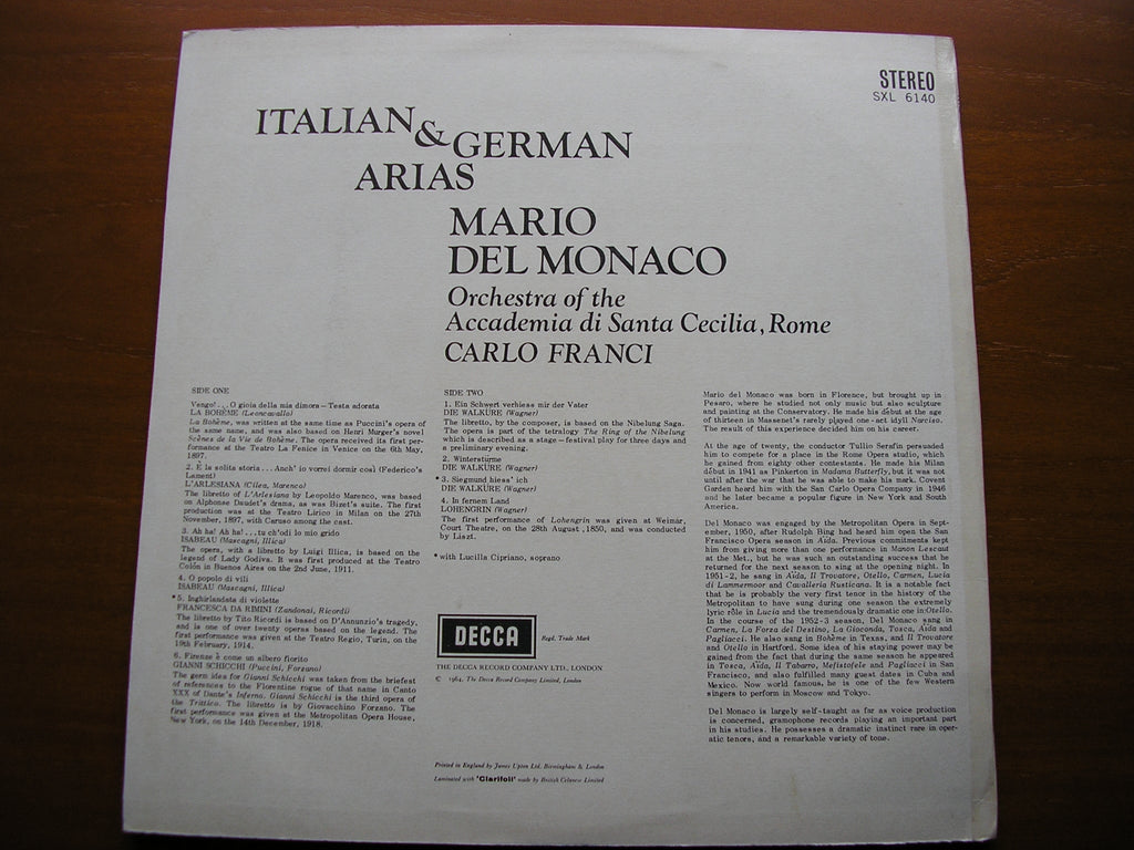SXL 6140 MARIO DEL MONACO SINGS ITALIAN & GERMAN ARIAS: WAGNER / ZANDONAI / CILEA / PUCCINI / LEONCAVALLO ACC di SC / FRANCI