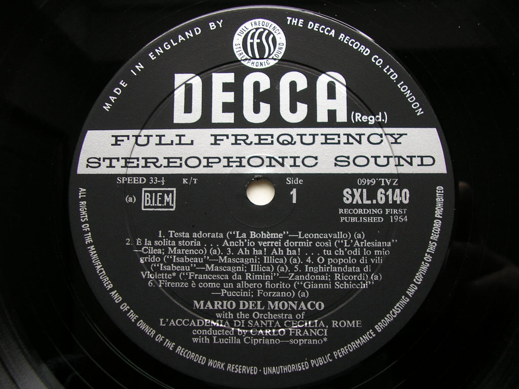 SXL 6140 MARIO DEL MONACO SINGS ITALIAN & GERMAN ARIAS: WAGNER / ZANDONAI / CILEA / PUCCINI / LEONCAVALLO ACC di SC / FRANCI