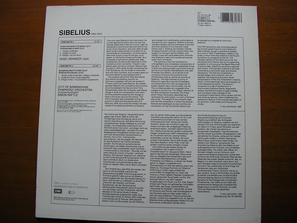 SIBELIUS: VIOLIN CONCERTO / SYMPHONY No. 5   KENNEDY / CITY OF BIRMINGHAM SYMPHONY / RATTLE  EL 7 49717