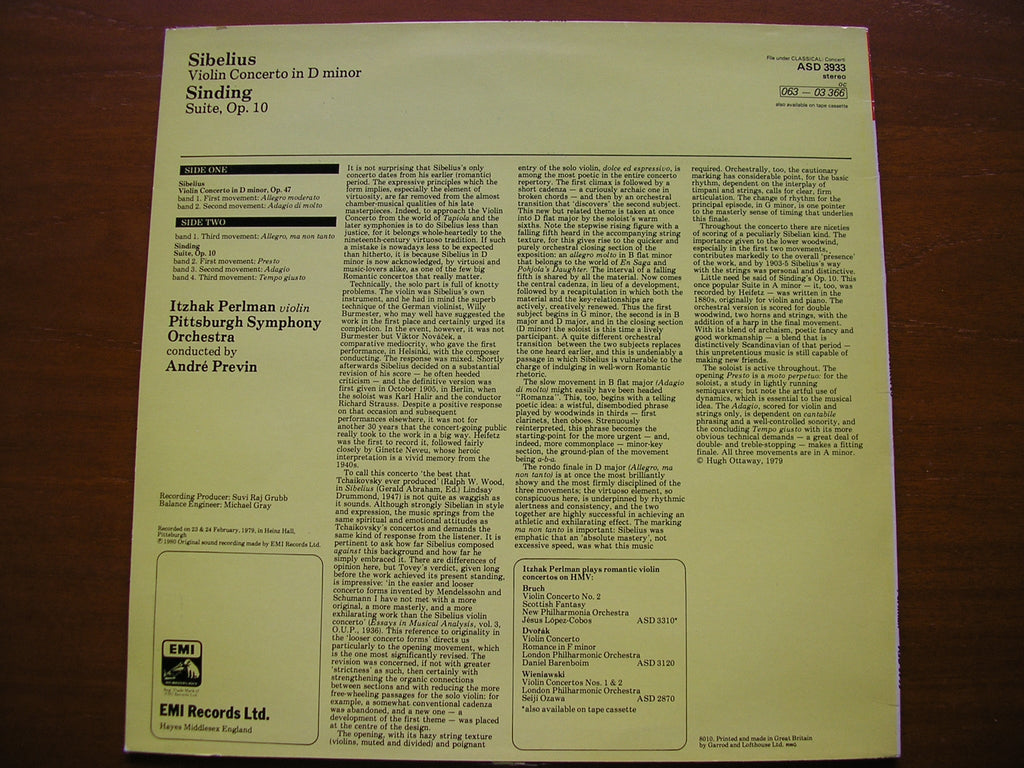 SIBELIUS: VIOLIN CONCERTO / SINDING: SUITE FOR VIOLIN & ORCHESTRA   PERLMAN / PITTSBURGH SYMPHONY / PREVIN   ASD 3933