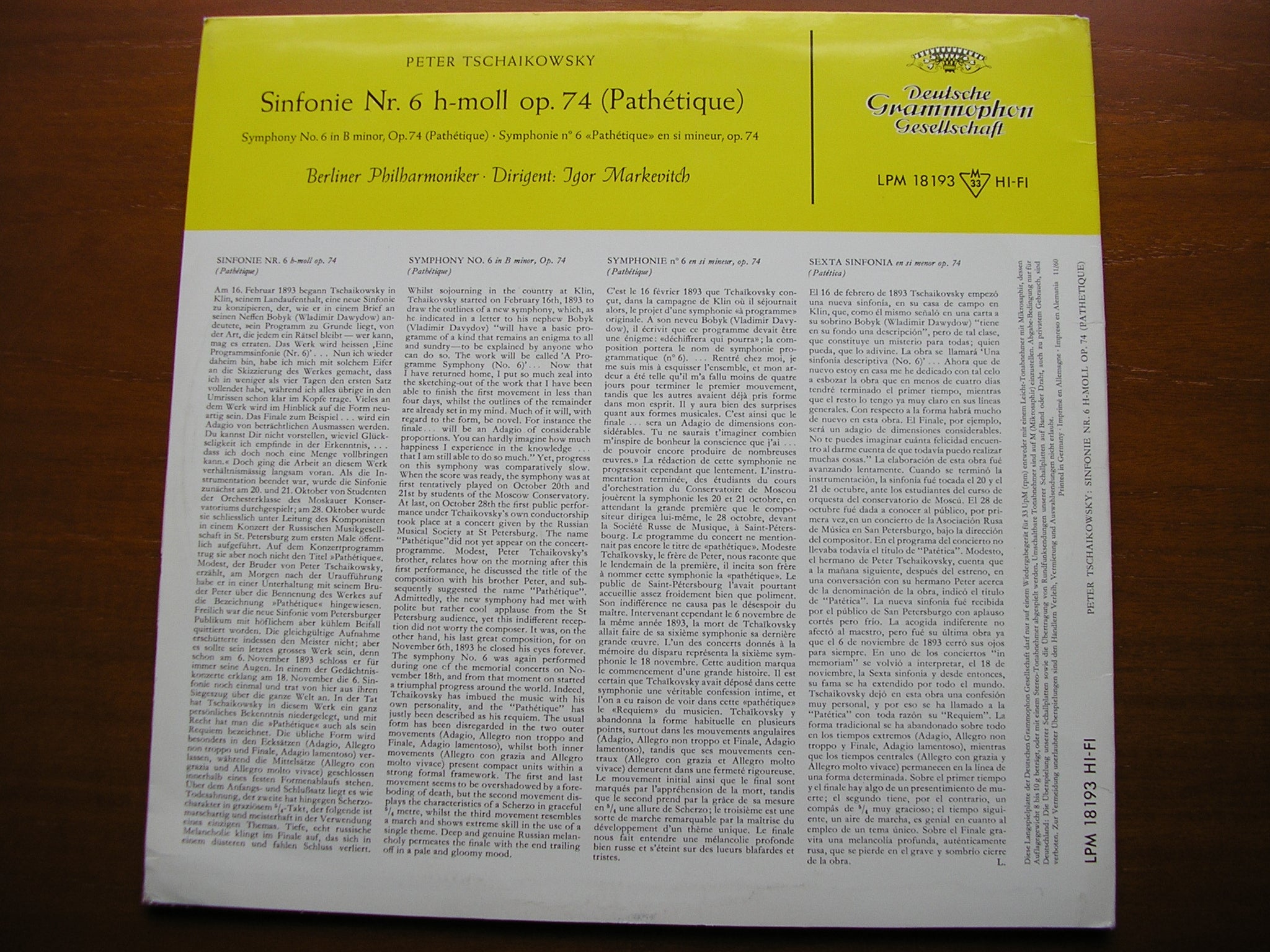 TCHAIKOVSKY: SYMPHONY No. 6 'Pathetique'   MARKEVITCH / BERLIN PHILHARMONIC    LPM 18193