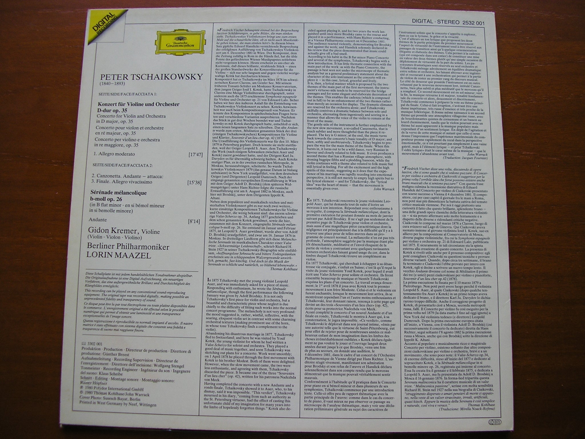TCHAIKOVSKY: VIOLIN CONCERTO / SERENADE MELANCOLIQUE   KREMER / BERLIN PHILHARMONIC / MAAZEL    2532 001