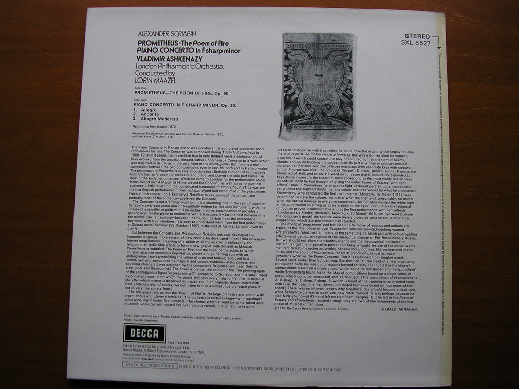 SXL 6527 SCRIABIN: PROMETHEUS - POEM OF FIRE / PIANO CONCERTO ASHKENAZY / LONDON PHILHARMONIC / LORIN MAAZEL
