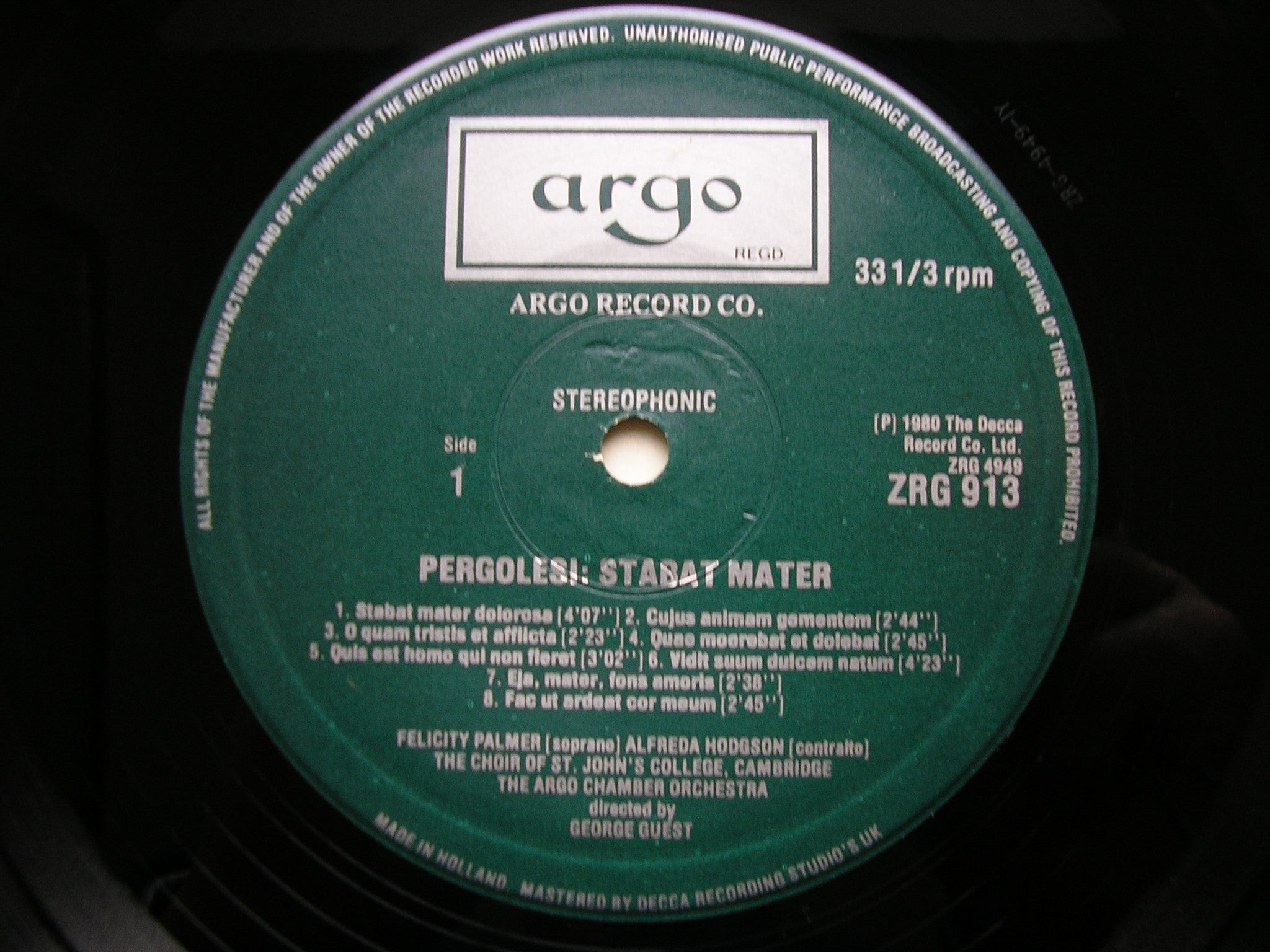 PERGOLESI: STABAT MATER / CONCERTINO ARMONICO No. 2   SOLOISTS / ARGO CHAMBER ORCHESTRA / GUEST   ZRG 913