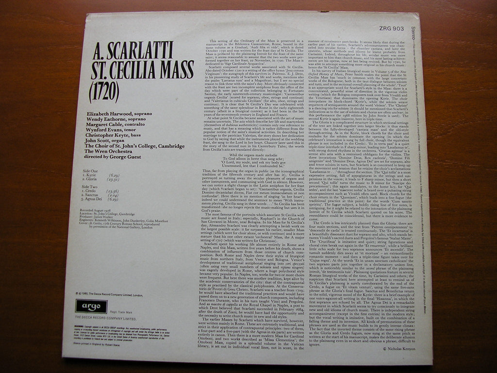 SCARLATTI: SAINT CECILIA MASS    SOLOISTS / ST JOHN'S COLLEGE CHOIR / THE WREN ORCHESTRA / GUEST   ZRG 903