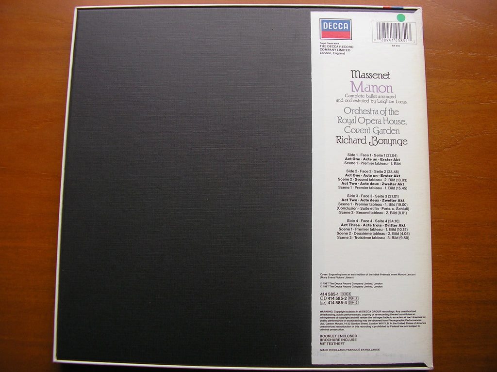 MASSENET: MANON    complete ballet      BONYNGE / ORCHESTRA OF THE ROYAL OPERA HOUSE COVENT GARDEN     2LP    414 585