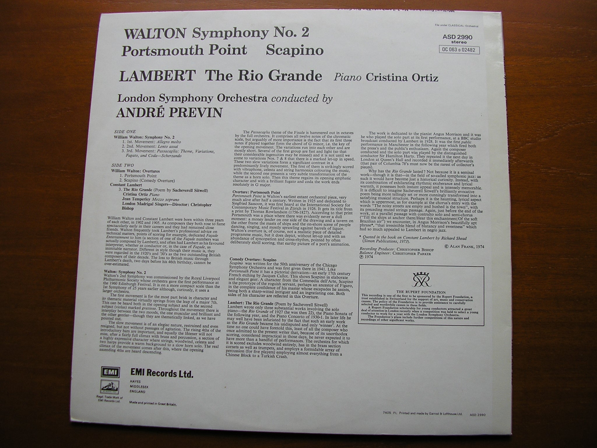 WALTON: SYMPHONY No. 2 / PORTSMOUTH POINT / SCAPINO   SOLOISTS / PREVIN / LONDON SYMPHONY  ASD 2990