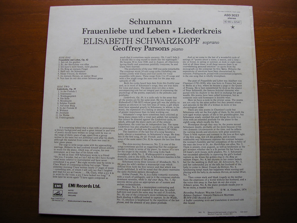 SCHUMANN: FRAUENLIEBE UND LEBEN / LIEDERKREIS Op. 24   SCHWARZKOPF / PARSONS    ASD 3037