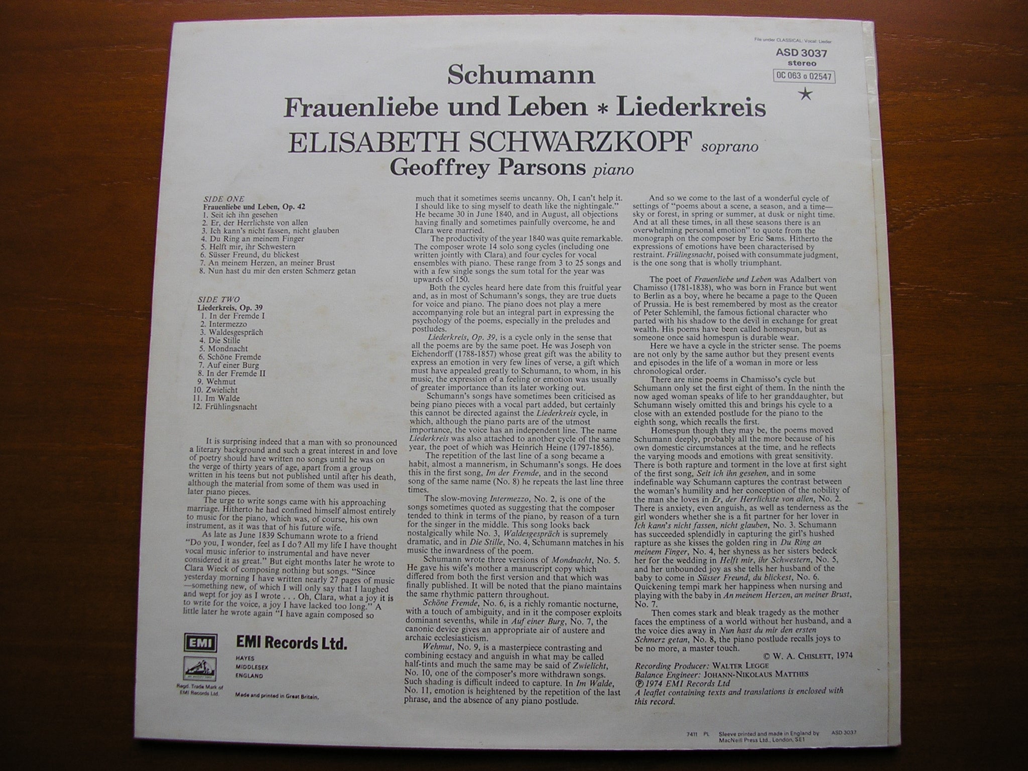 SCHUMANN: FRAUENLIEBE UND LEBEN / LIEDERKREIS Op. 24   SCHWARZKOPF / PARSONS    ASD 3037