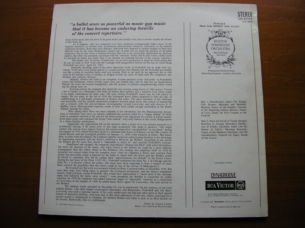 PROKOFIEV: ROMEO & JULIET  Excerpts   LEINSDORF / BOSTON SYMPHONY   SB 6749