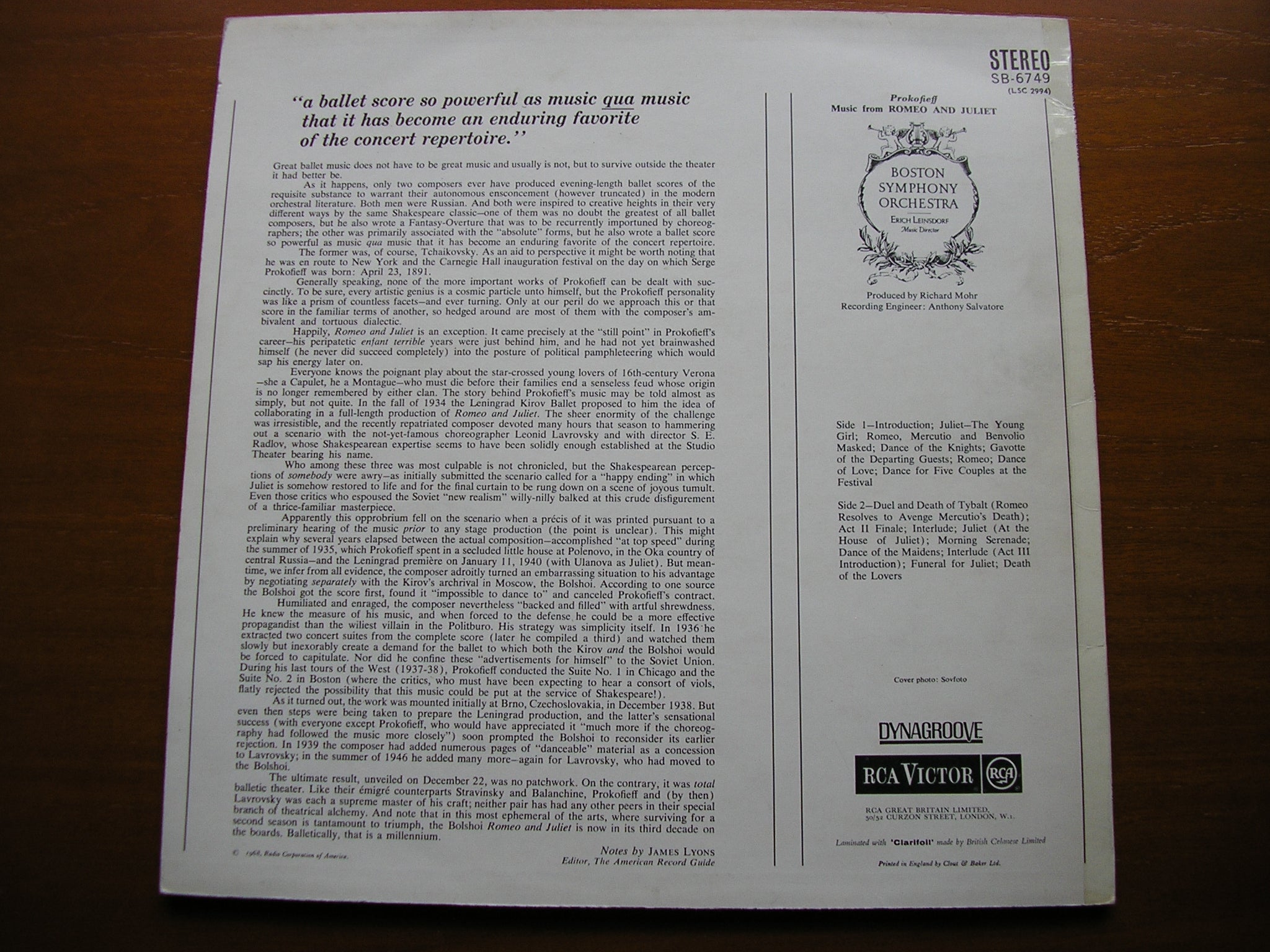 PROKOFIEV: ROMEO & JULIET  Excerpts   LEINSDORF / BOSTON SYMPHONY   SB 6749