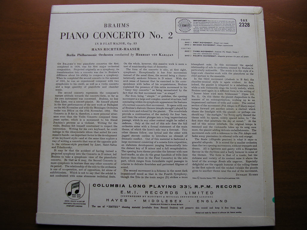 SAX 2328  BRAHMS: PIANO CONCERTO No. 2    RICHTER- HAASER / BERLIN PHILHARMONIC / KARAJAN