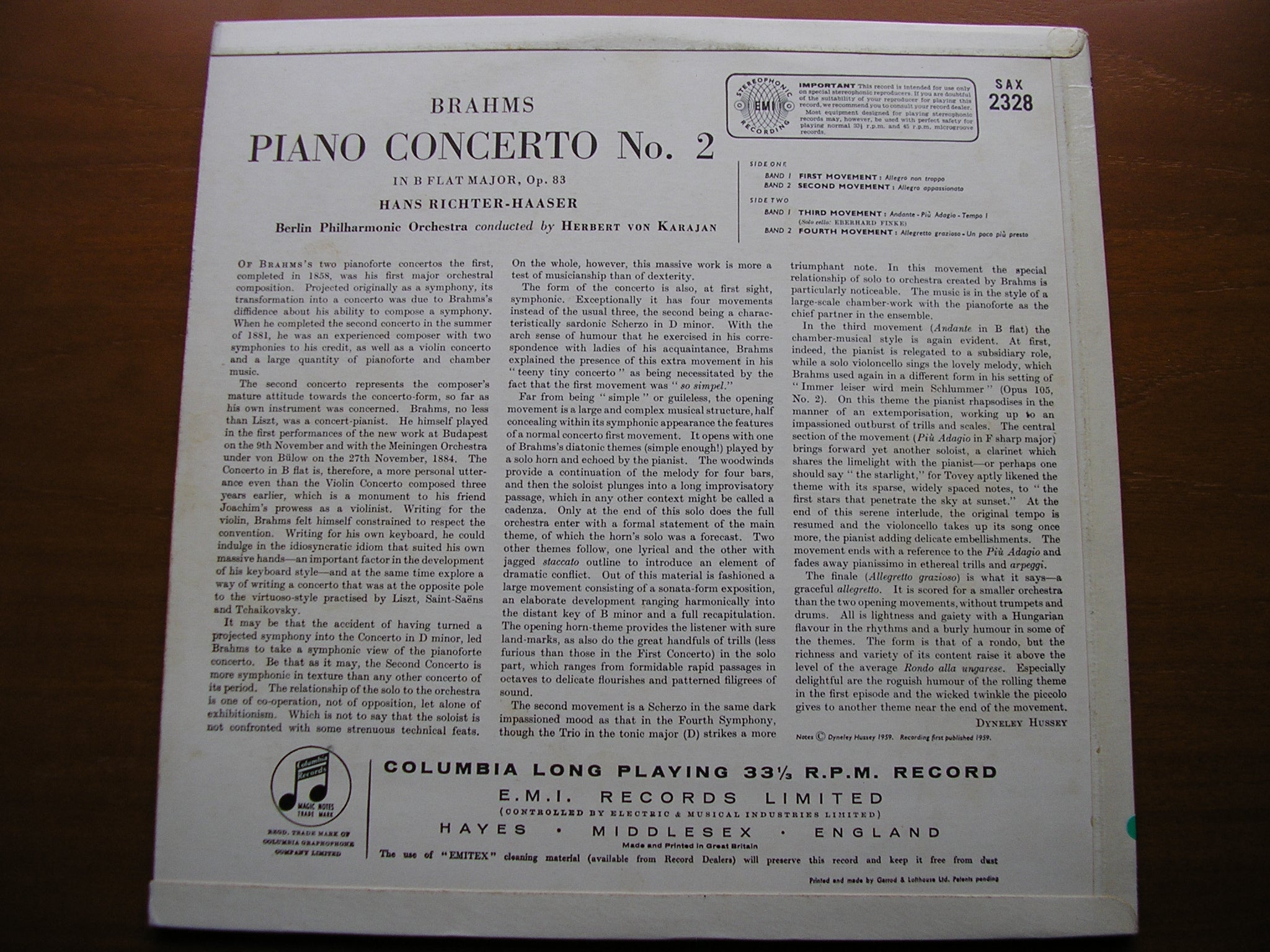 SAX 2328  BRAHMS: PIANO CONCERTO No. 2    RICHTER- HAASER / BERLIN PHILHARMONIC / KARAJAN