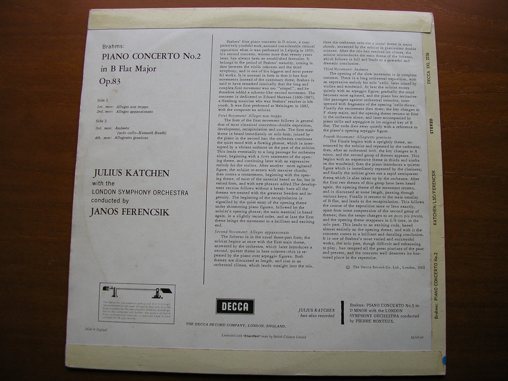 SXL 2236 BRAHMS: PIANO CONCERTO No. 2 KATCHEN / LONDON SYMPHONY / FERENCSIK