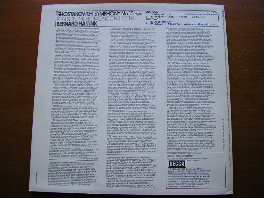 SHOSTAKOVICH: SYMPHONY No. 15       HAITINK / LONDON PHILHARMONIC    SXL 6906