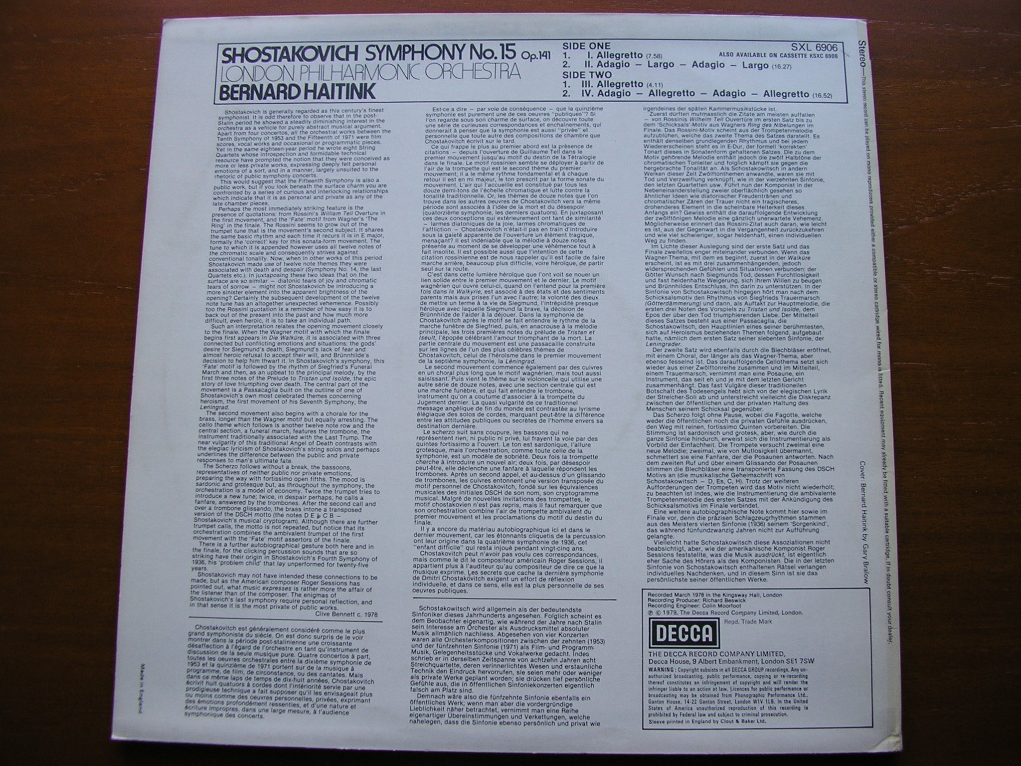SHOSTAKOVICH: SYMPHONY No. 15       HAITINK / LONDON PHILHARMONIC    SXL 6906