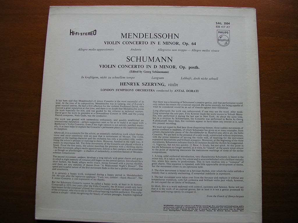 MENDELSSOHN & SCHUMANN: VIOLIN CONCERTOS    SZERYNG / LONDON SYMPHONY / ANTAL DORATI    SAL 3504