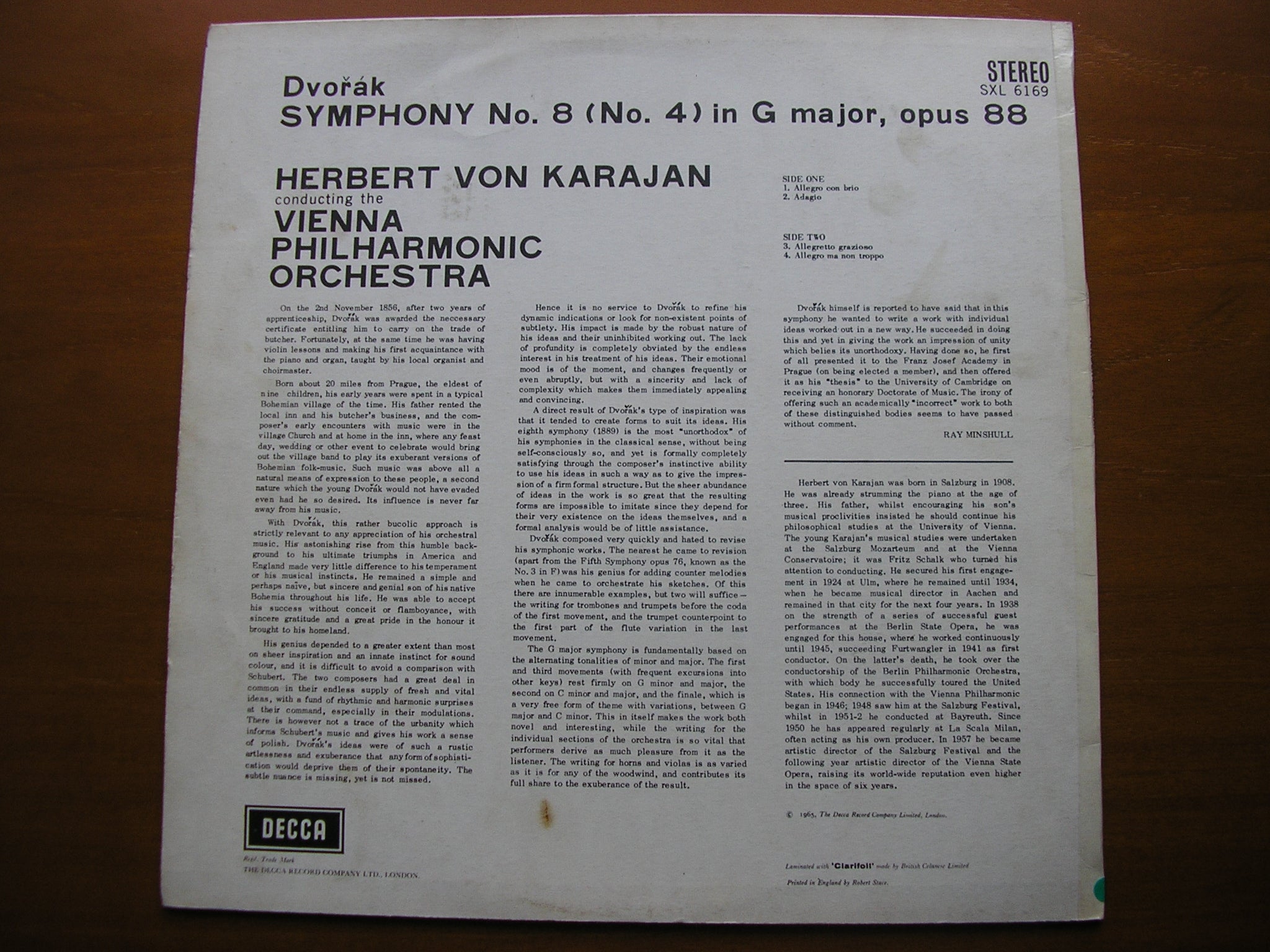 SXL 6169 DVORAK: SYMPHONY No. 8 KARAJAN / VIENNA PHILHARMONIC